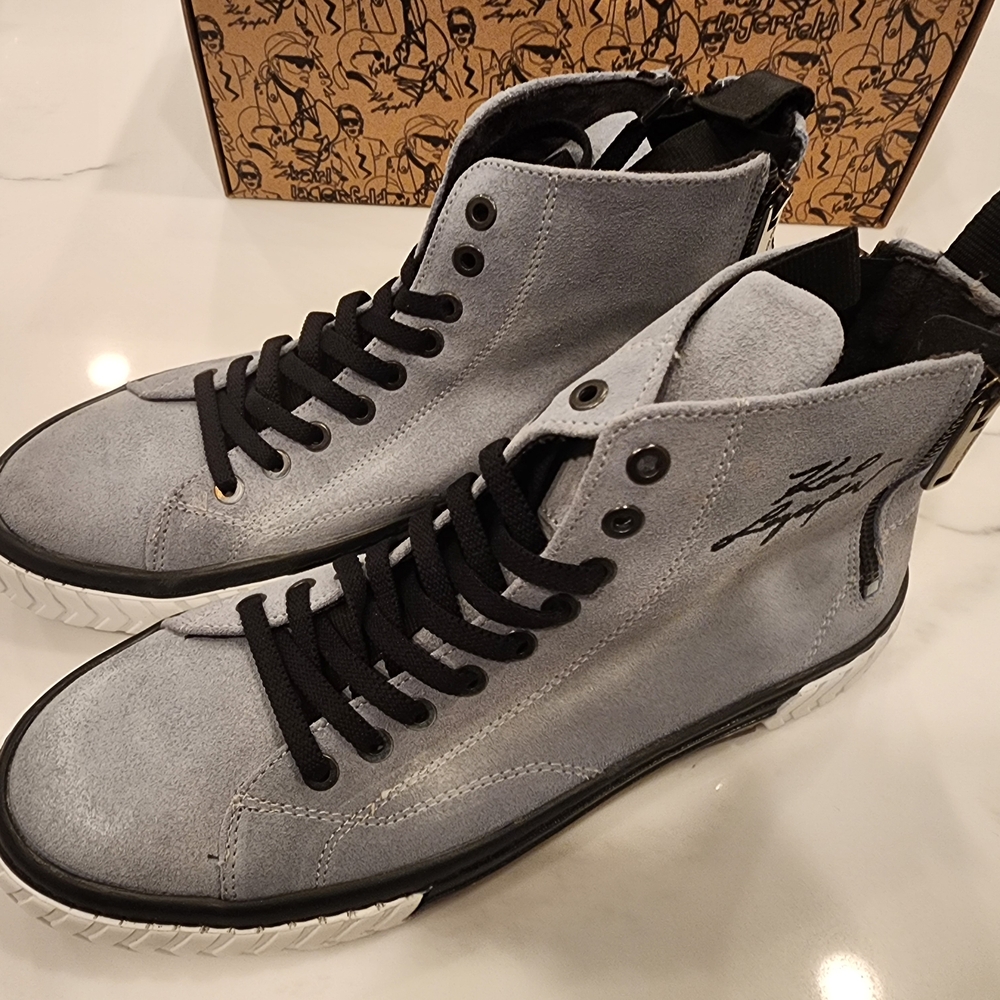 Karl Lagerfeld Paris Mens Size 10.5 Sky Blue Suede Leather High Top Sneaker Logo